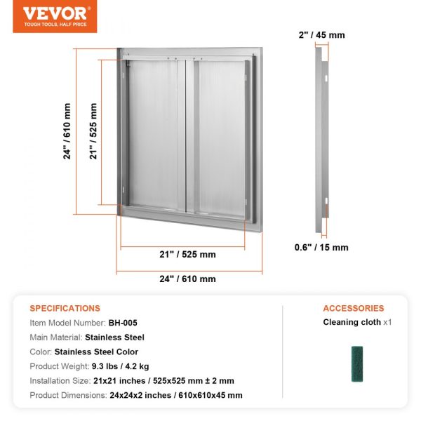 BBQ Access Door 24x24 Stainless Steel Flush Mount Wall Double Door with Recessed Handles for BBQ Island Grilling Cabinet - Image 7