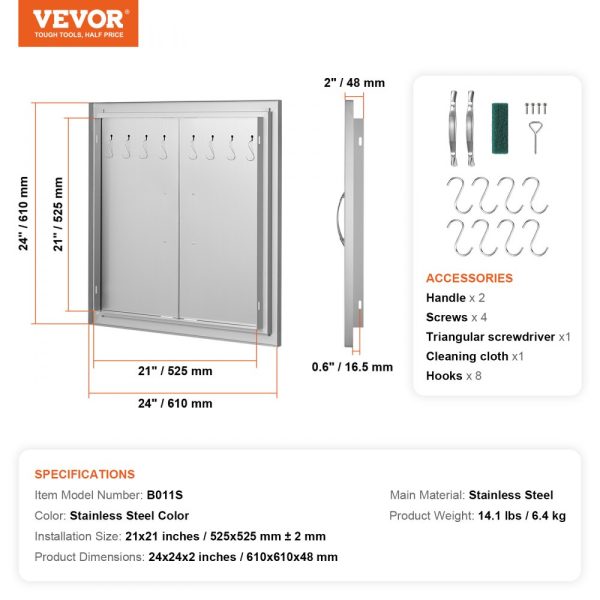 BBQ Access Door 24x24 Inch Double Door Stainless Steel Flush Mount Double Wall Handles Hooks for BBQ Island Grilling Station Outdoor Cabinet - Image 7