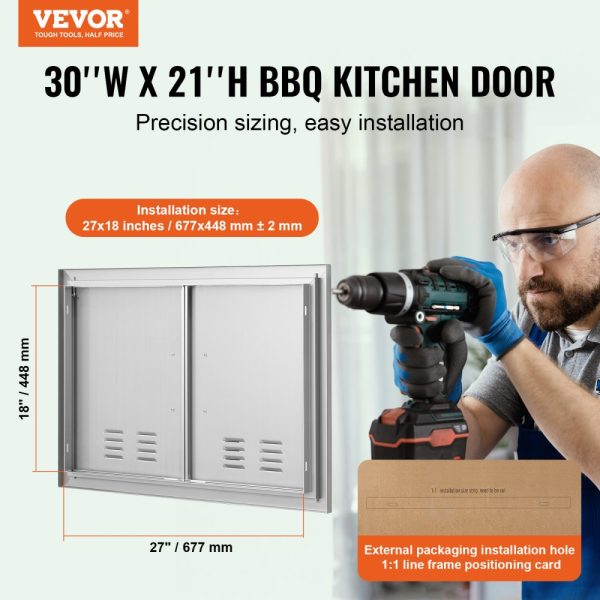 BBQ Access Door 30W x 21H Double Outdoor Stainless Steel Flush Mount Wall Vertical Door with Handles and Vents for BBQ Island and Outdoor Kitchen Cabinet - Image 2