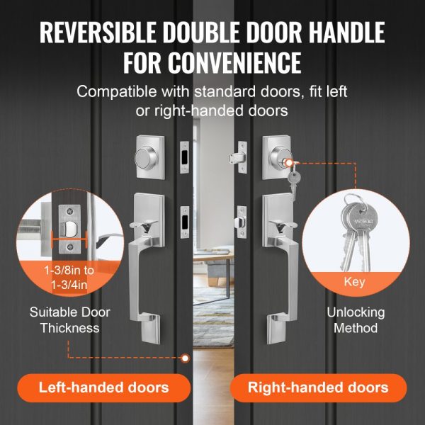 Heavy Duty Double Door Handle Set with Satin Nickel Lever - Square Design, Reversible Handle for Front or Office Door - Image 5