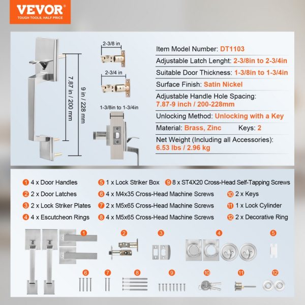 Heavy Duty Double Door Handle Set with Satin Nickel Lever - Square Design, Reversible Handle for Front or Office Door - Image 7
