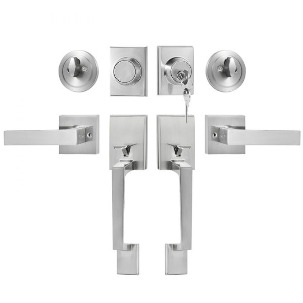 Heavy Duty Double Door Handle Set with Satin Nickel Lever - Square Design, Reversible Handle for Front or Office Door