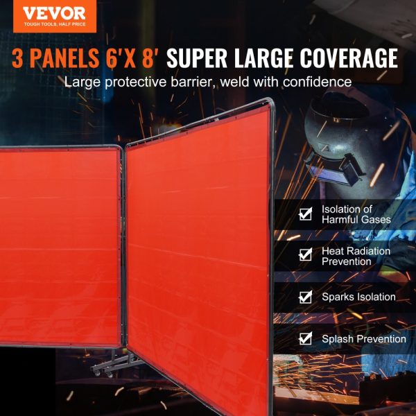 Welding Screen with Frame 6x8 3 Panel Flame-Resistant Vinyl 12 Swivel Wheels 6 Lockable Movable Professional Workshop Red - Image 2