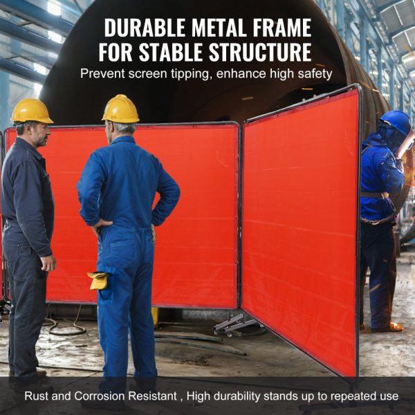 Welding Screen with Frame 6x8 3 Panel Flame-Resistant Vinyl 12 Swivel Wheels 6 Lockable Movable Professional Workshop Red - Image 5