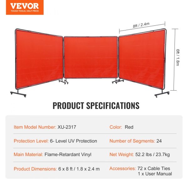 Welding Screen with Frame 6x8 3 Panel Flame-Resistant Vinyl 12 Swivel Wheels 6 Lockable Movable Professional Workshop Red - Image 7