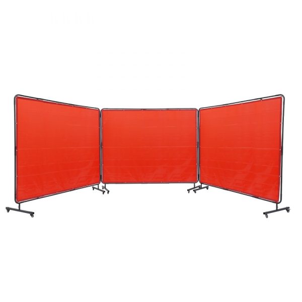 Welding Screen with Frame 6x8 3 Panel Flame-Resistant Vinyl 12 Swivel Wheels 6 Lockable Movable Professional Workshop Red