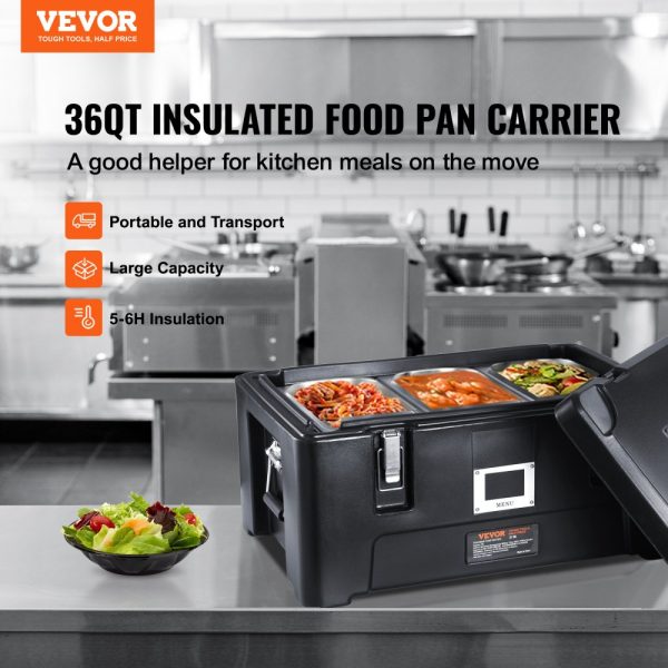 Insulated 36 Qt Stackable Catering Food Pan Carrier with 3 Stainless Steel Pans Top Load LLDPE Food Warmer Elastic Side Handles and Buckles for Restaurant & Canteen Black - Image 2