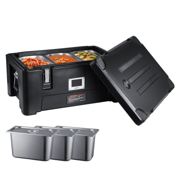 Insulated 36 Qt Stackable Catering Food Pan Carrier with 3 Stainless Steel Pans Top Load LLDPE Food Warmer Elastic Side Handles and Buckles for Restaurant & Canteen Black