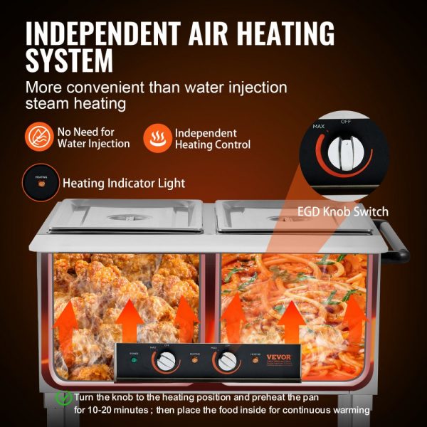 2-Pan Electric Food Warmer, 2 x 20.6QT, 1000W, 4-Wheel Mobile, Lockable Design, Stainless Steel, Buffet Catering - Image 4