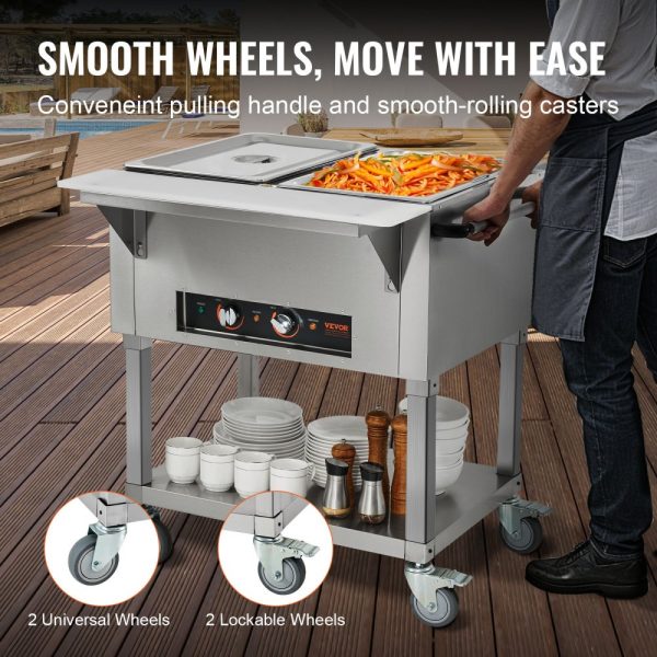 2-Pan Electric Food Warmer, 2 x 20.6QT, 1000W, 4-Wheel Mobile, Lockable Design, Stainless Steel, Buffet Catering - Image 5