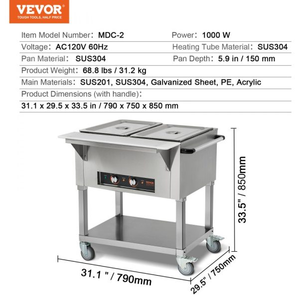 2-Pan Electric Food Warmer, 2 x 20.6QT, 1000W, 4-Wheel Mobile, Lockable Design, Stainless Steel, Buffet Catering - Image 7