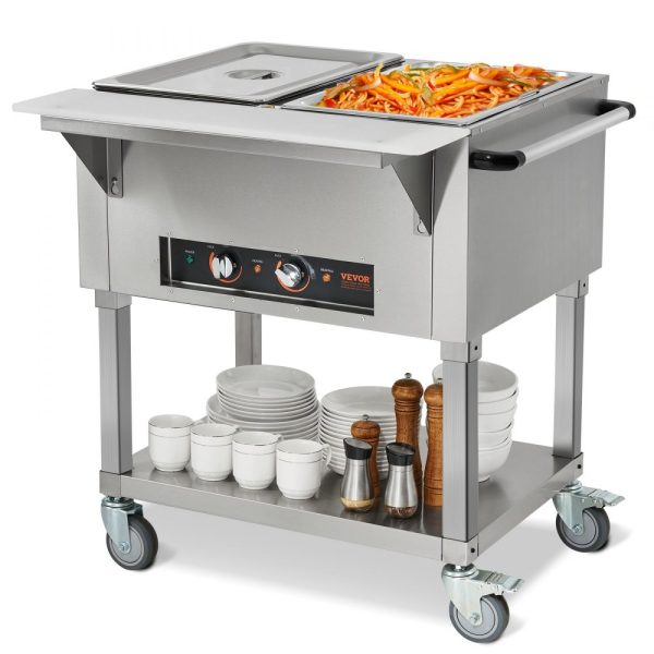 2-Pan Electric Food Warmer, 2 x 20.6QT, 1000W, 4-Wheel Mobile, Lockable Design, Stainless Steel, Buffet Catering