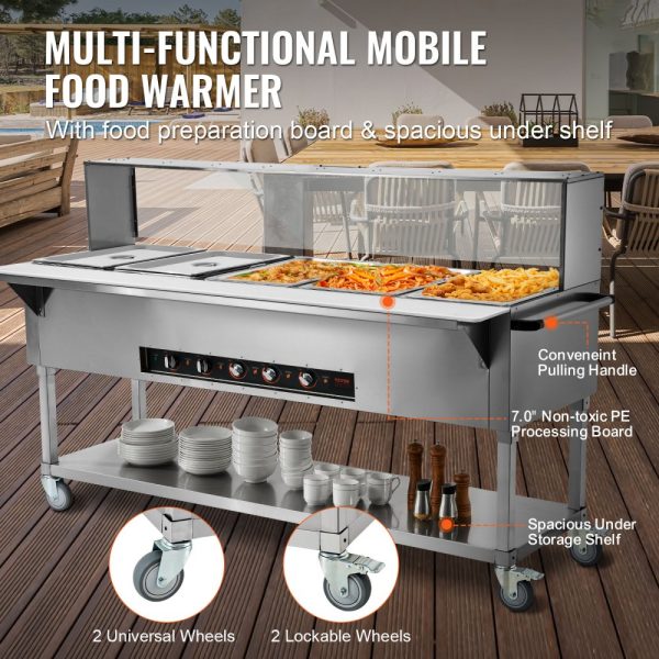 5-Pan Commercial Food Warmer with 5-Shelf Electric Steam Table 3750W Professional Buffet Catering Food Warmer Acrylic Sneeze Guard Food Grade Stainless Steel Tray for Party Restaurant - Image 6