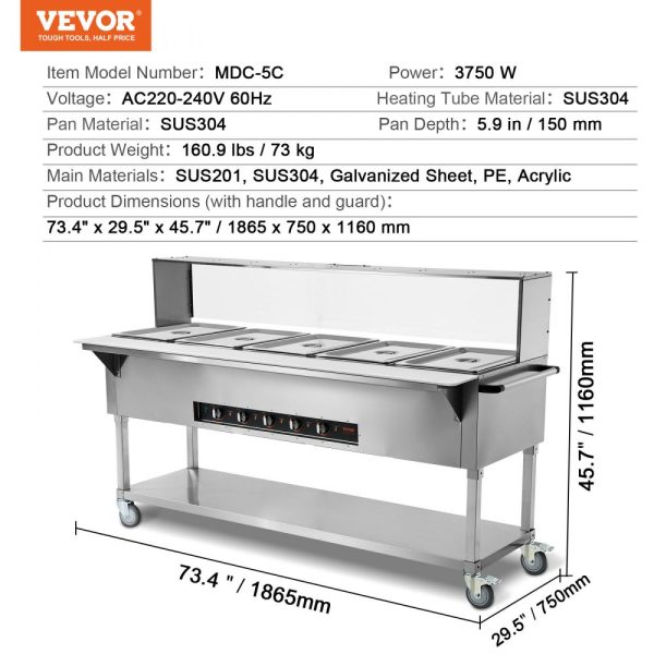 5-Pan Commercial Food Warmer with 5-Shelf Electric Steam Table 3750W Professional Buffet Catering Food Warmer Acrylic Sneeze Guard Food Grade Stainless Steel Tray for Party Restaurant - Image 7