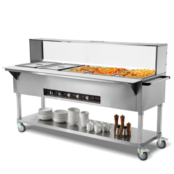 5-Pan Commercial Food Warmer with 5-Shelf Electric Steam Table 3750W Professional Buffet Catering Food Warmer Acrylic Sneeze Guard Food Grade Stainless Steel Tray for Party Restaurant