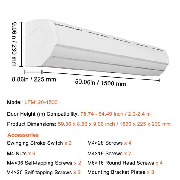 60 Commercial Indoor Air Curtain, 1500CFM, 2 Speeds, Wall Mount for Doors, Heavy Duty Limit Switch, Easy Install, 110V Unheated - Image 7
