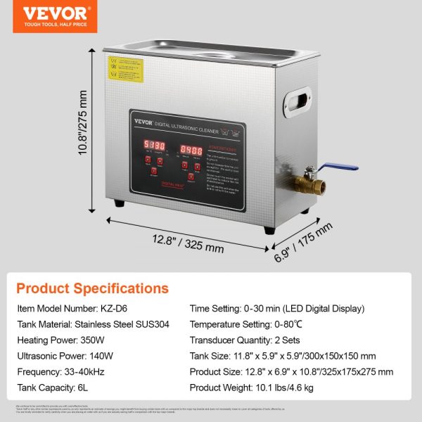 Professional Ultrasonic Jewelry Cleaner with Digital Timer and Heater, Stainless Steel Cleaning Machine for Small Parts, Watches, Rings, Glasses, and Circuit Boards, 6L - Image 7