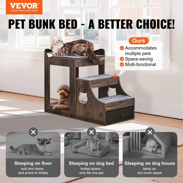 Pet Bunk Bed with Stairs Dog/Cat Window Perch with Storage Indoor Gray - Image 2