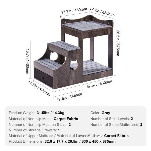 Pet Bunk Bed with Stairs Dog/Cat Window Perch with Storage Indoor Gray - Image 7