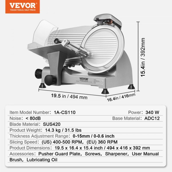 Electric Meat Slicer 340W 10 Stainless Steel Blade with Built-In Sharpening Stone Adjustable Thickness 0-0.6 inch for Commercial Home Use Meat Cheese - Image 7