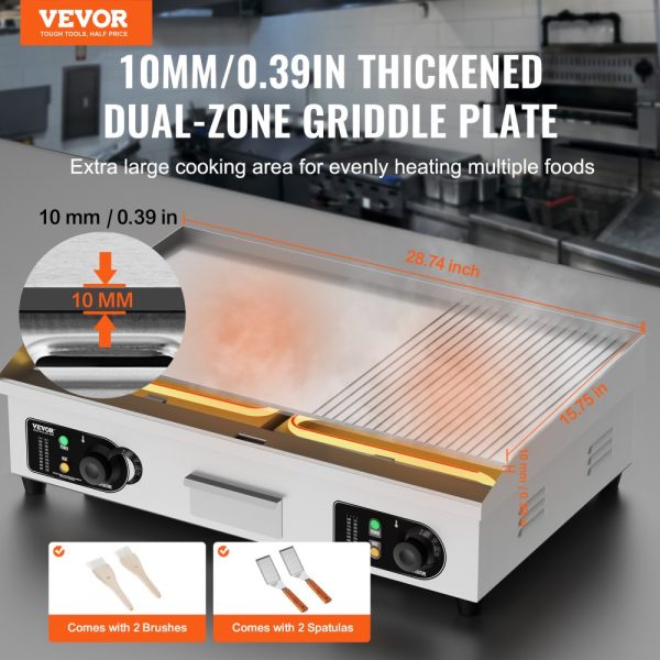 Electric Griddle 2800W Countertop Half-Flat Grill Stainless Steel Adjustable Temp 122-572℉ With 2 Shovels Brushes Home Restaurant Use No Plug - Image 2