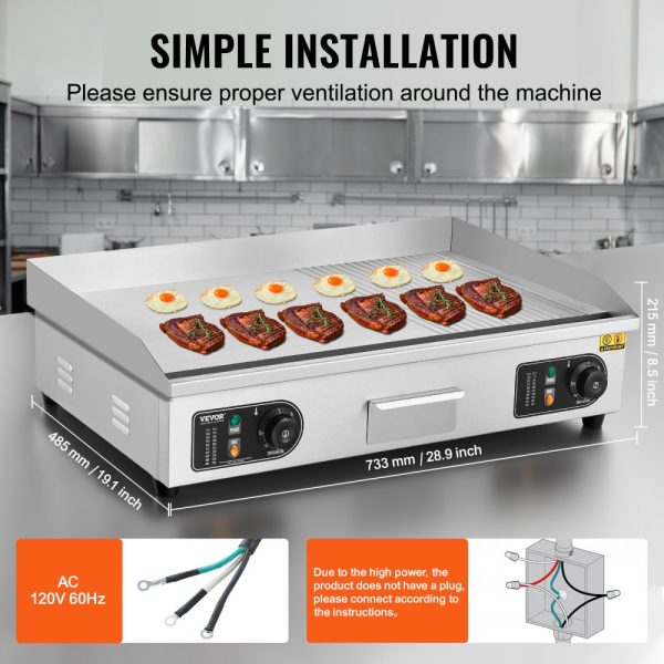 Electric Griddle 2800W Countertop Half-Flat Grill Stainless Steel Adjustable Temp 122-572℉ With 2 Shovels Brushes Home Restaurant Use No Plug - Image 5