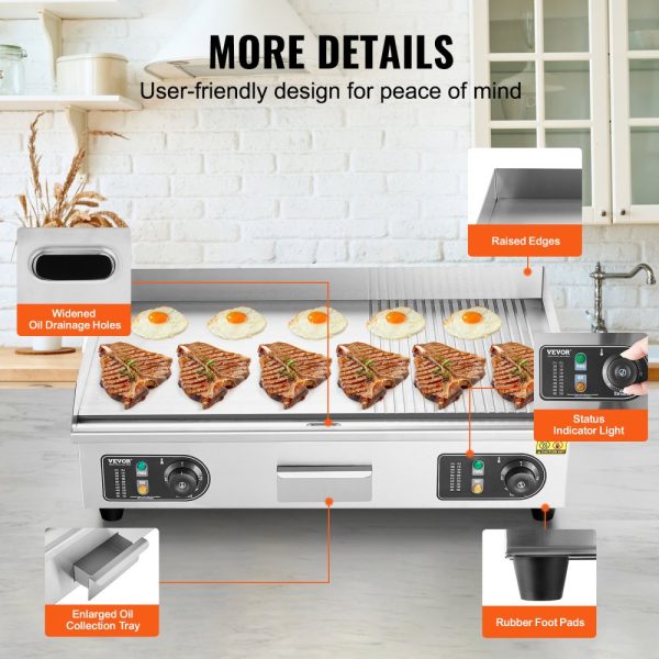 Electric Griddle 2800W Countertop Half-Flat Grill Stainless Steel Adjustable Temp 122-572℉ With 2 Shovels Brushes Home Restaurant Use No Plug - Image 6