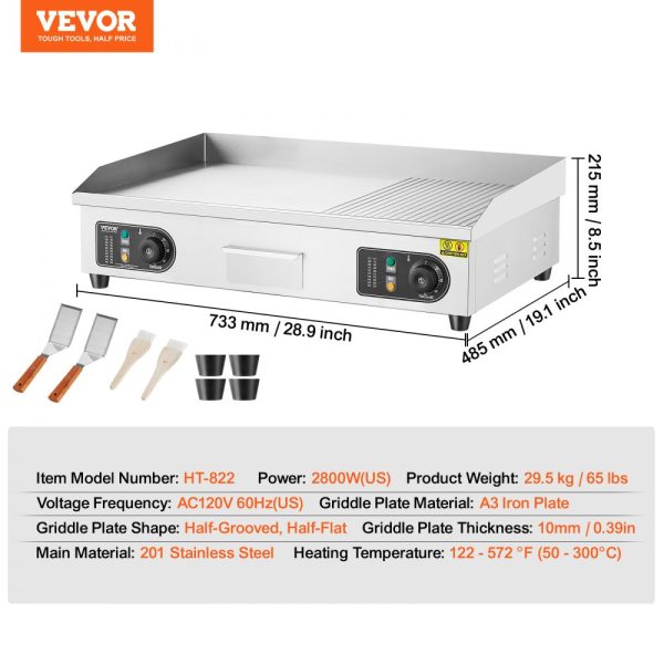 Electric Griddle 2800W Countertop Half-Flat Grill Stainless Steel Adjustable Temp 122-572℉ With 2 Shovels Brushes Home Restaurant Use No Plug - Image 7
