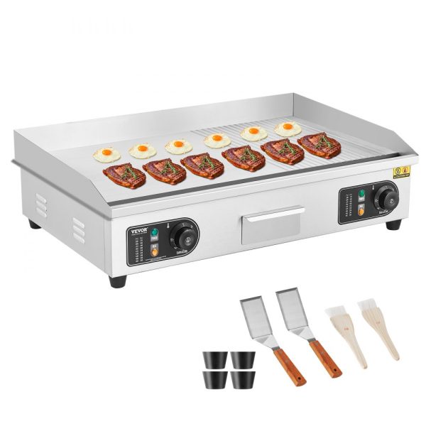 Electric Griddle 2800W Countertop Half-Flat Grill Stainless Steel Adjustable Temp 122-572℉ With 2 Shovels Brushes Home Restaurant Use No Plug