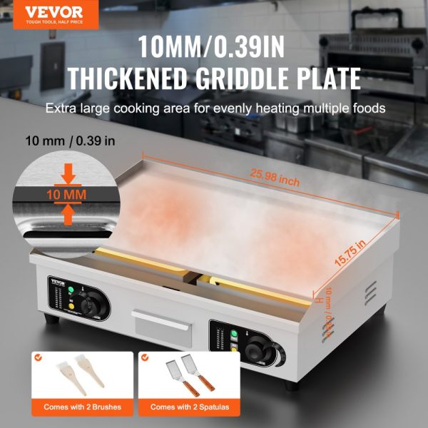 Electric Griddle 2800W Countertop Flat Top Grill Adjustable Temp 122-572°F 25.98x15.75x0.39in Stainless Steel 2 Shovels 2 Brushes Home Restaurant Plug Included - Image 2