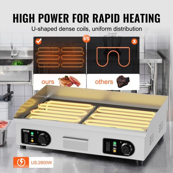 Electric Griddle 2800W Countertop Flat Top Grill Adjustable Temp 122-572°F 25.98x15.75x0.39in Stainless Steel 2 Shovels 2 Brushes Home Restaurant Plug Included - Image 3