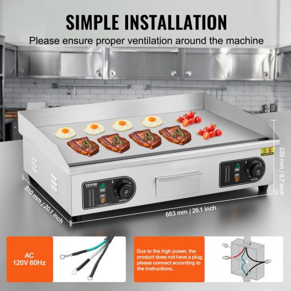 Electric Griddle 2800W Countertop Flat Top Grill Adjustable Temp 122-572°F 25.98x15.75x0.39in Stainless Steel 2 Shovels 2 Brushes Home Restaurant Plug Included - Image 5