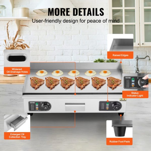 Electric Griddle 2800W Countertop Flat Top Grill Adjustable Temp 122-572°F 25.98x15.75x0.39in Stainless Steel 2 Shovels 2 Brushes Home Restaurant Plug Included - Image 6