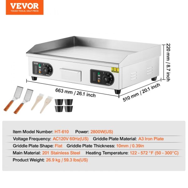 Electric Griddle 2800W Countertop Flat Top Grill Adjustable Temp 122-572°F 25.98x15.75x0.39in Stainless Steel 2 Shovels 2 Brushes Home Restaurant Plug Included - Image 7