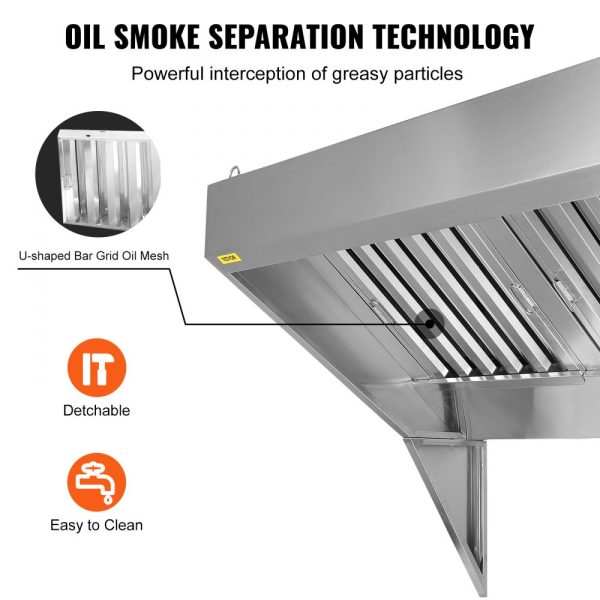 8FT Commercial Exhaust Hood 201 Stainless Steel Detachable U-Shaped Grid Oil Filter Mesh Rust Resistant Ventilation Hood for Food Trucks Restaurants - Image 4