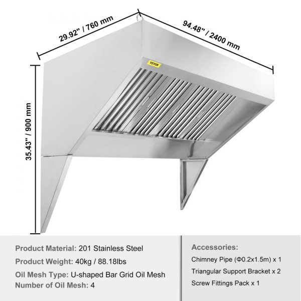 8FT Commercial Exhaust Hood 201 Stainless Steel Detachable U-Shaped Grid Oil Filter Mesh Rust Resistant Ventilation Hood for Food Trucks Restaurants - Image 7