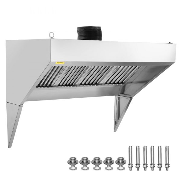 8FT Commercial Exhaust Hood 201 Stainless Steel Detachable U-Shaped Grid Oil Filter Mesh Rust Resistant Ventilation Hood for Food Trucks Restaurants