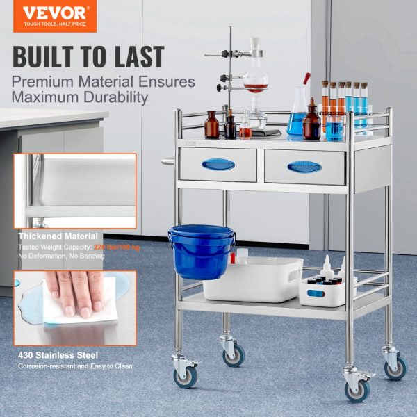 Lab Cart Two-Tier Stainless Steel Medical Dental Utility Cart with Two Drawers Locking Wheels and Storage Bucket for Lab Hospital Dental Settings - Image 2