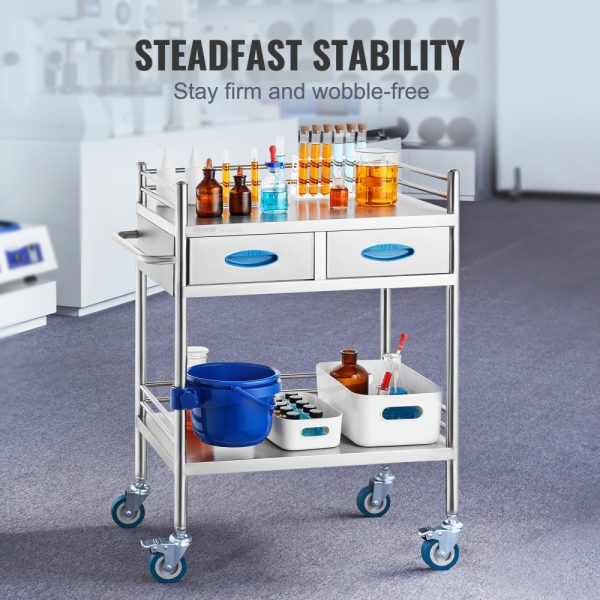 Lab Cart Two-Tier Stainless Steel Medical Dental Utility Cart with Two Drawers Locking Wheels and Storage Bucket for Lab Hospital Dental Settings - Image 3