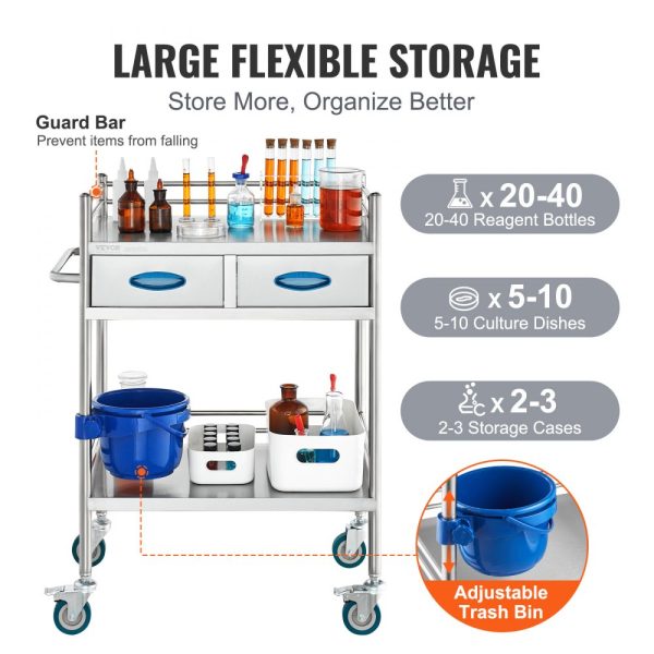 Lab Cart Two-Tier Stainless Steel Medical Dental Utility Cart with Two Drawers Locking Wheels and Storage Bucket for Lab Hospital Dental Settings - Image 5