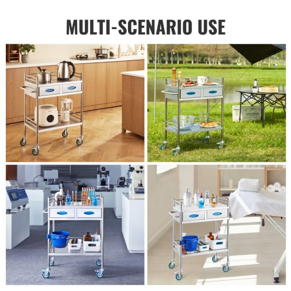 Lab Cart Two-Tier Stainless Steel Medical Dental Utility Cart with Two Drawers Locking Wheels and Storage Bucket for Lab Hospital Dental Settings - Image 6