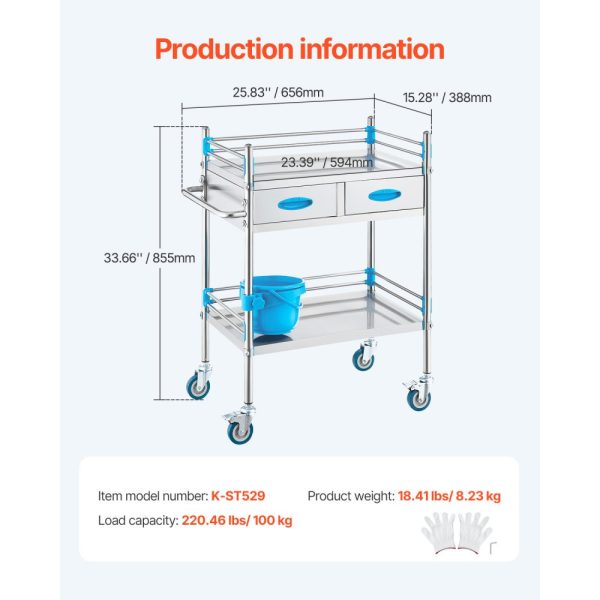 Lab Cart Two-Tier Stainless Steel Medical Dental Utility Cart with Two Drawers Locking Wheels and Storage Bucket for Lab Hospital Dental Settings - Image 7