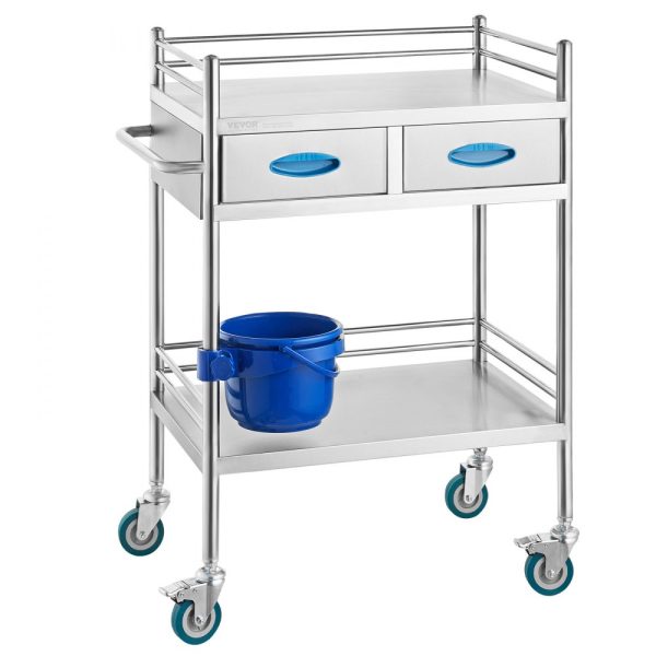 Lab Cart Two-Tier Stainless Steel Medical Dental Utility Cart with Two Drawers Locking Wheels and Storage Bucket for Lab Hospital Dental Settings