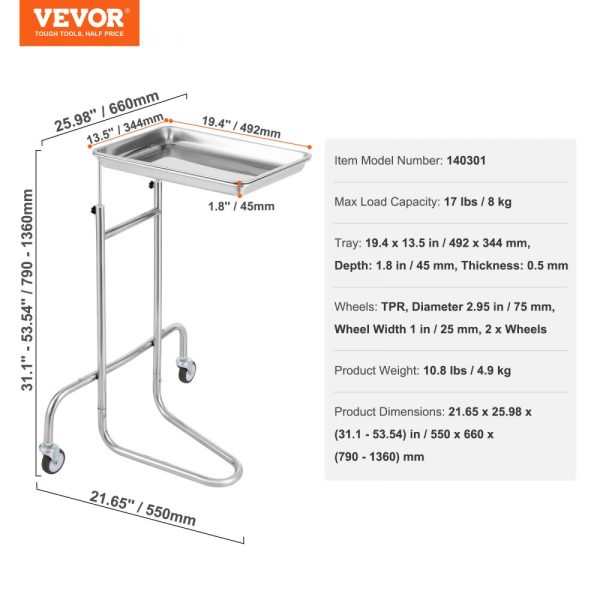Stainless Steel Lab Cart with Single Tray 2 Silent Wheels Medical Cart for Lab Clinic Hospital - Image 7