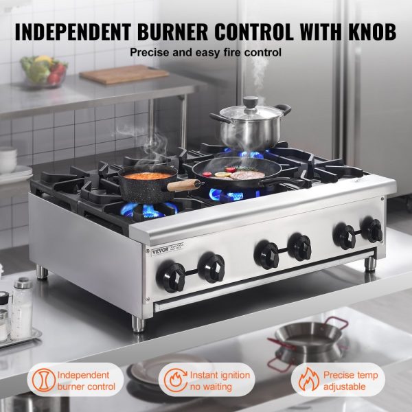 Commercial Gas Range Stove 6 Burners Countertop Cooking Hot Plate Kitchen - Image 4