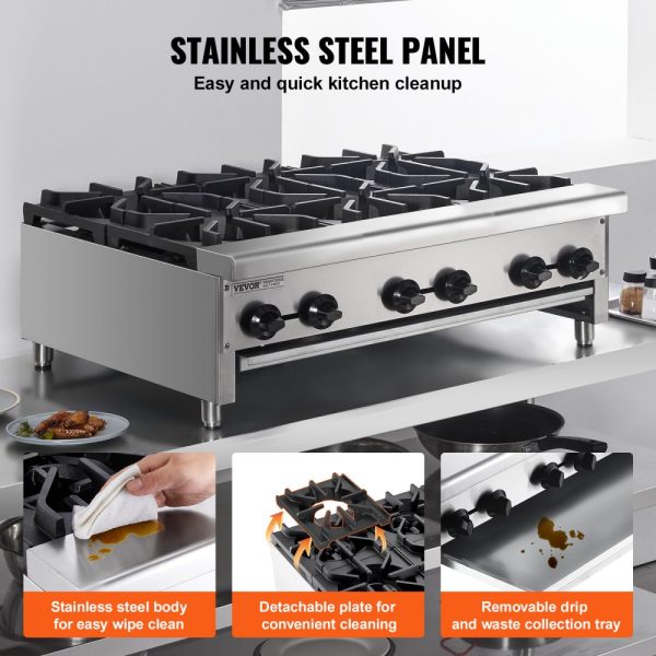 Commercial Gas Range Stove 6 Burners Countertop Cooking Hot Plate Kitchen - Image 5