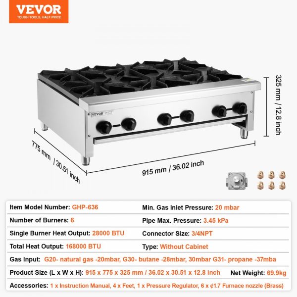 Commercial Gas Range Stove 6 Burners Countertop Cooking Hot Plate Kitchen - Image 7