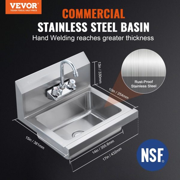 Commercial Sink with Faucet - NSF Certified Stainless Steel Hand Washing Basin, Wall-Mounted, 17x12.8-inch for Restaurants, Kitchens, Bars, Garages & Homes - Image 2