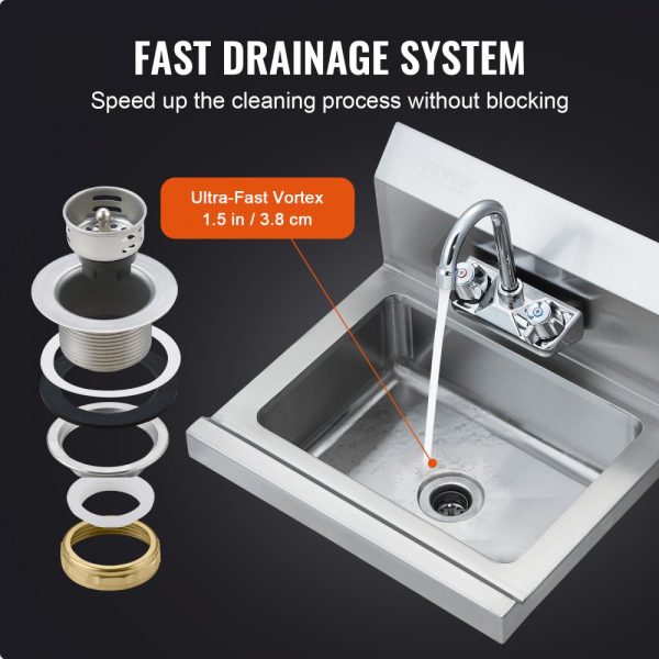 Commercial Sink with Faucet - NSF Certified Stainless Steel Hand Washing Basin, Wall-Mounted, 17x12.8-inch for Restaurants, Kitchens, Bars, Garages & Homes - Image 4