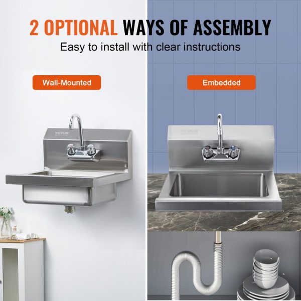 Commercial Sink with Faucet - NSF Certified Stainless Steel Hand Washing Basin, Wall-Mounted, 17x12.8-inch for Restaurants, Kitchens, Bars, Garages & Homes - Image 5